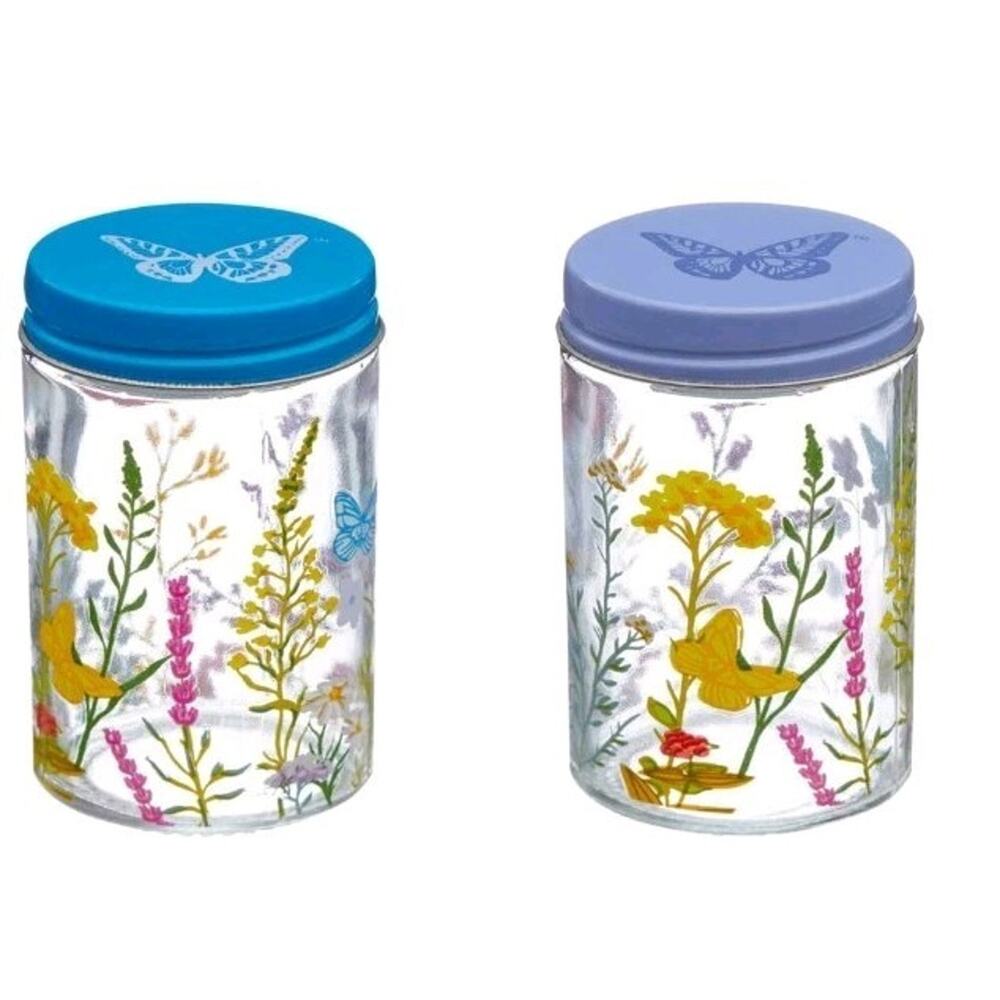 Dolly Parton Wildflower Spring Set Of 2 Blue GLASS Spice Shakers Sealed DG NEW